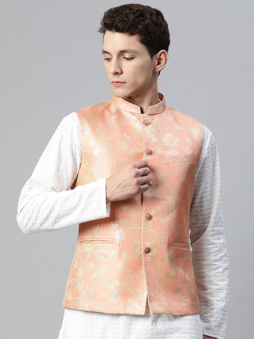 manq men woven design jaquard silk nehru jacket