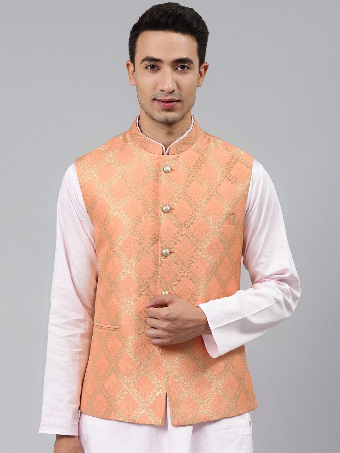 manq men woven-design jaquard silk nehru jacket