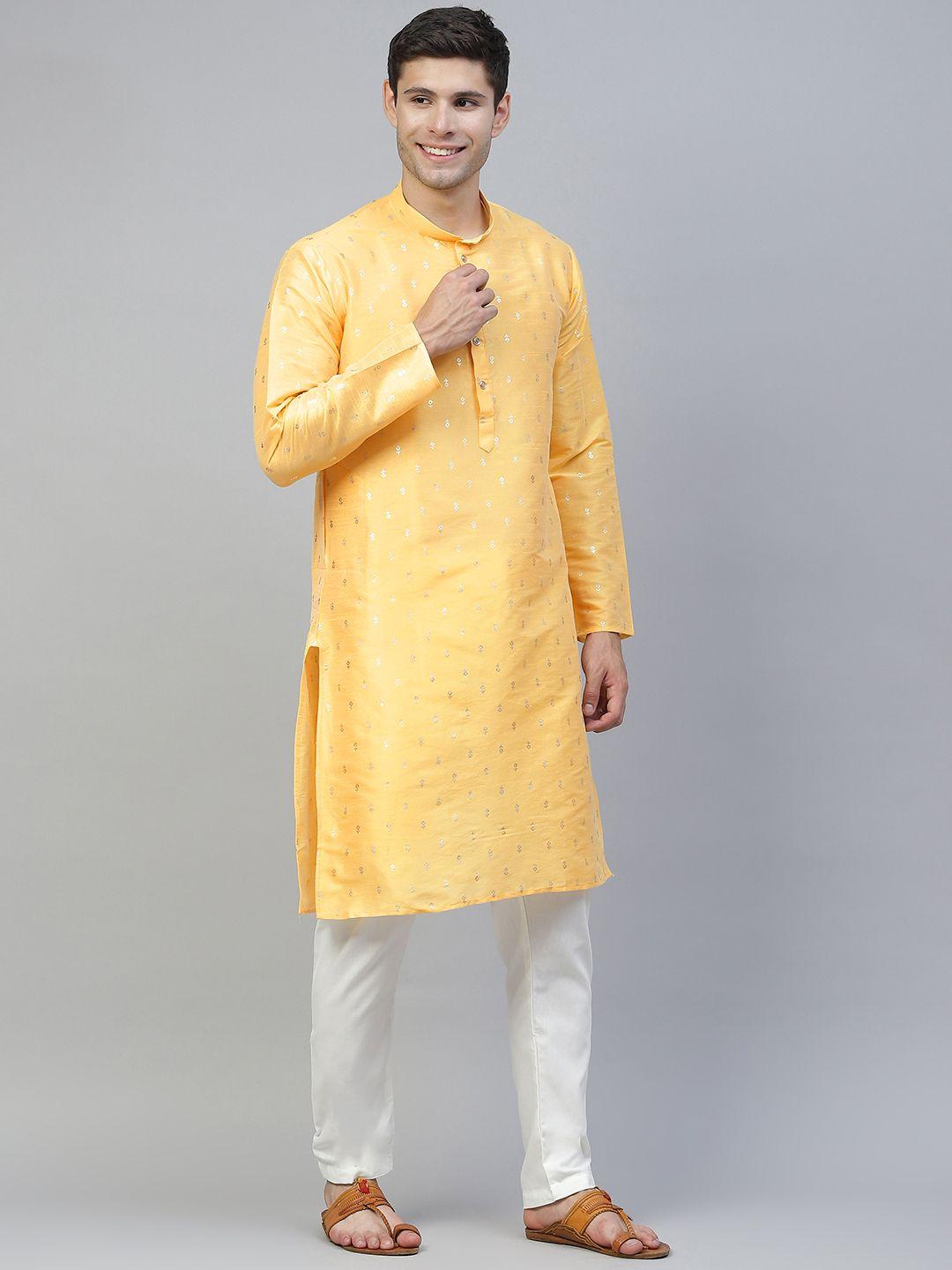 manq men yellow ethnic motifs printed kurta with pyjamas
