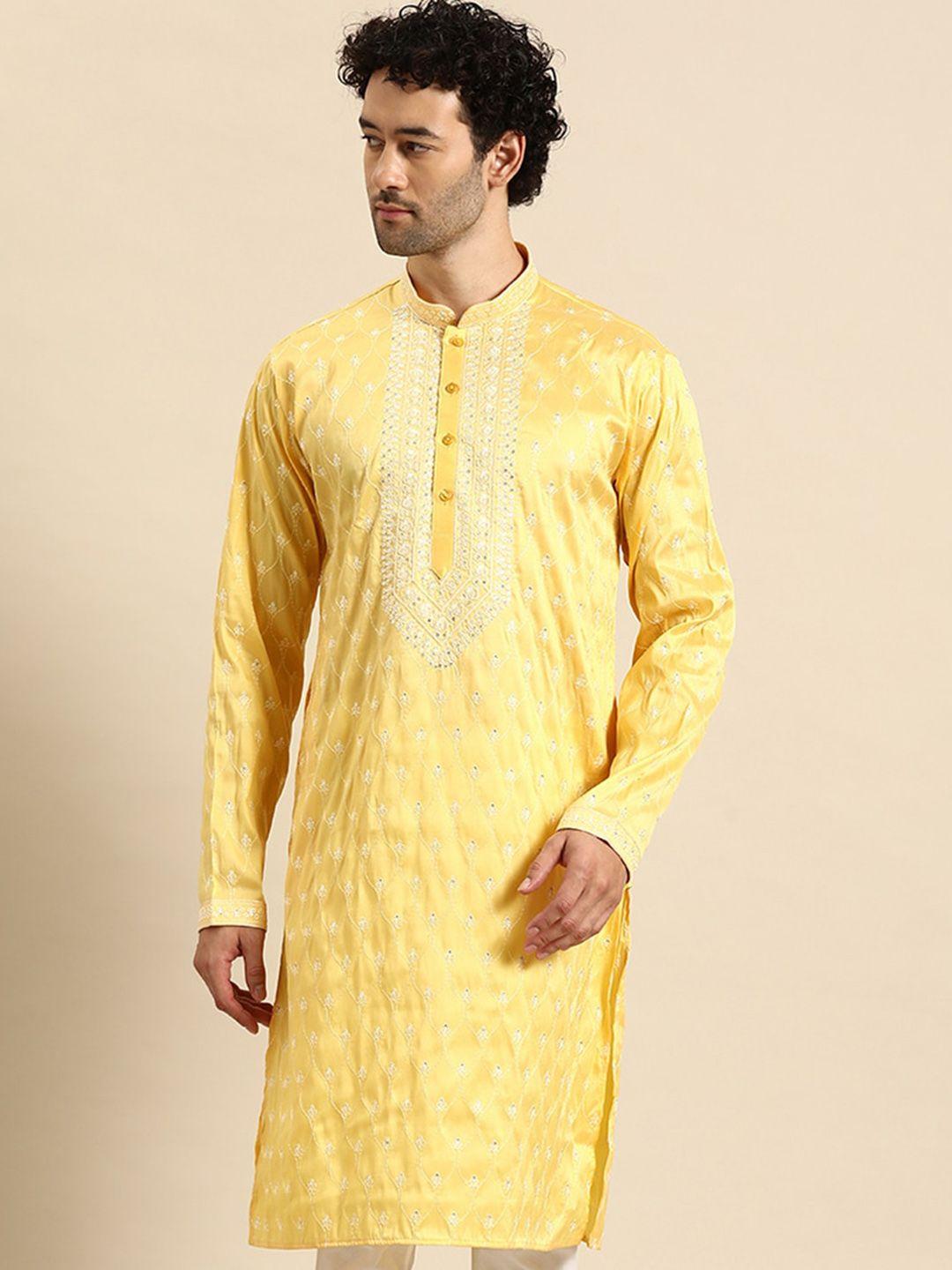 manq men yellow thread work kurta