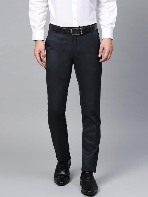 manq navy slim fit flat front trousers