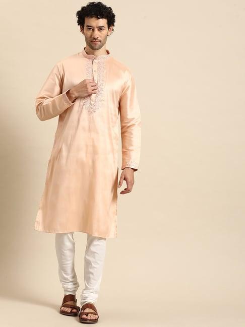 manq peach & white regular fit embroidered kurta bottom set