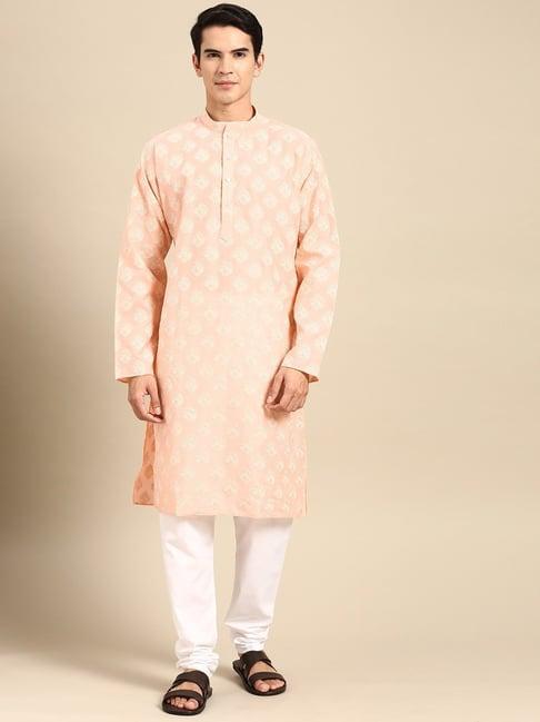 manq peach & white regular fit printed kurta bottom set