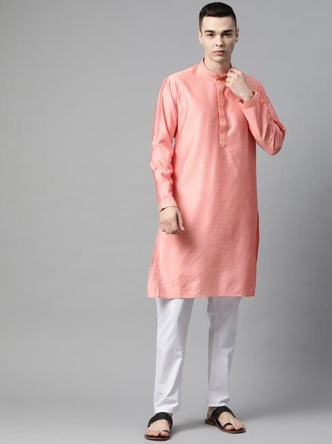 manq pink & white regular fit embroidered kurta bottom set