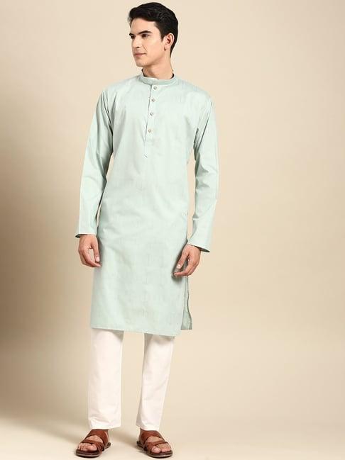 manq sea green & white pure cotton regular fit self pattern kurta bottom set