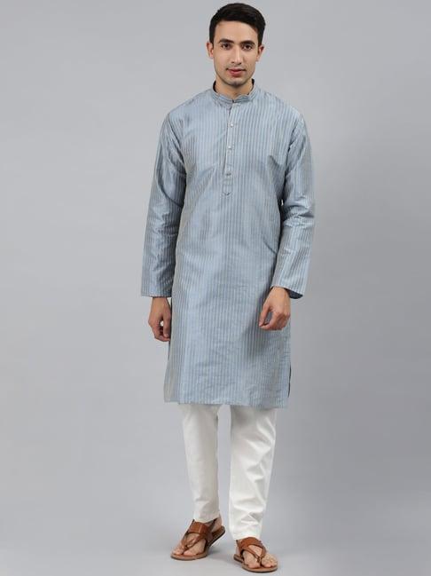 manq sky blue regular fit striped ethnic wear