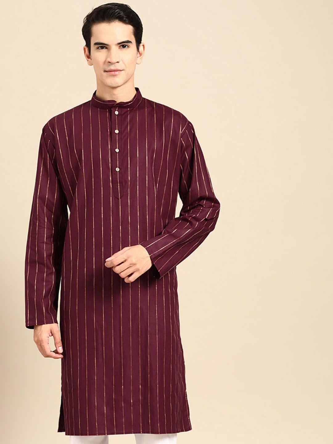 manq striped mandarin collar long sleeves straight pure cotton kurta