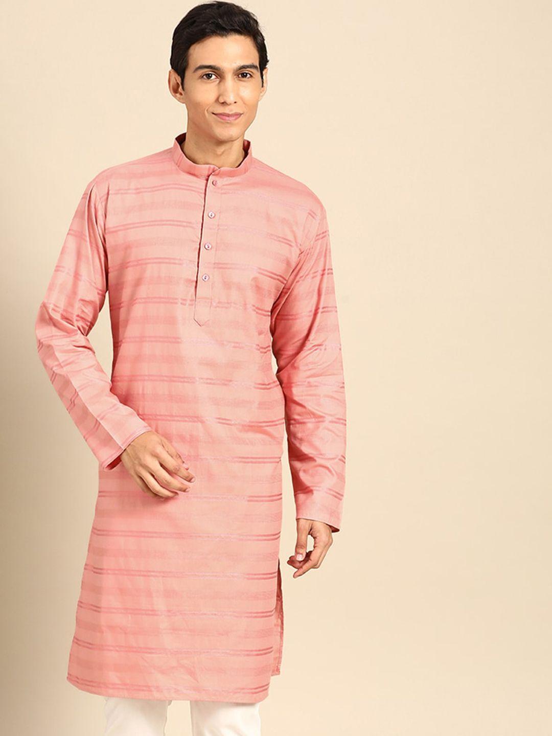 manq striped printed band collar long sleeve straight cotton kurta