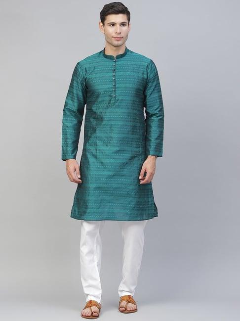 manq teal green & white regular fit striped kurta bottom set
