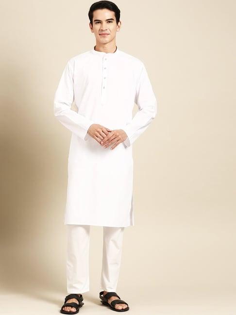 manq white pure cotton regular fit self pattern kurta bottom set
