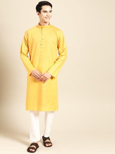 manq yellow & white pure cotton regular fit printed kurta bottom set