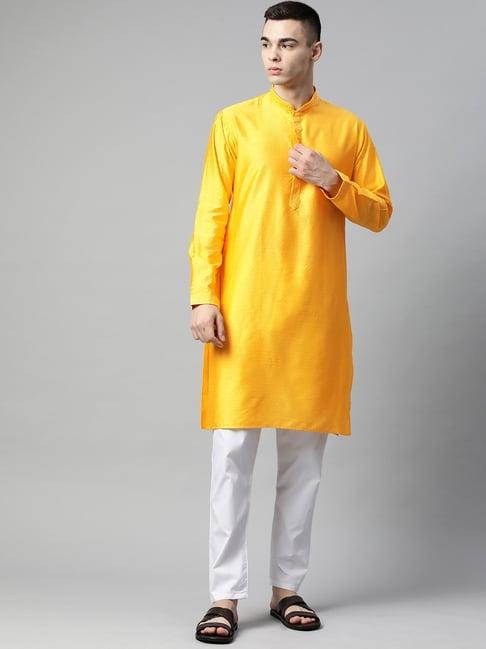 manq yellow & white regular fit embroidered kurta bottom set