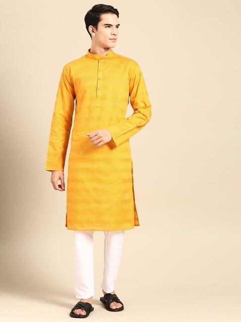 manq yellow pure cotton regular fit striped kurta