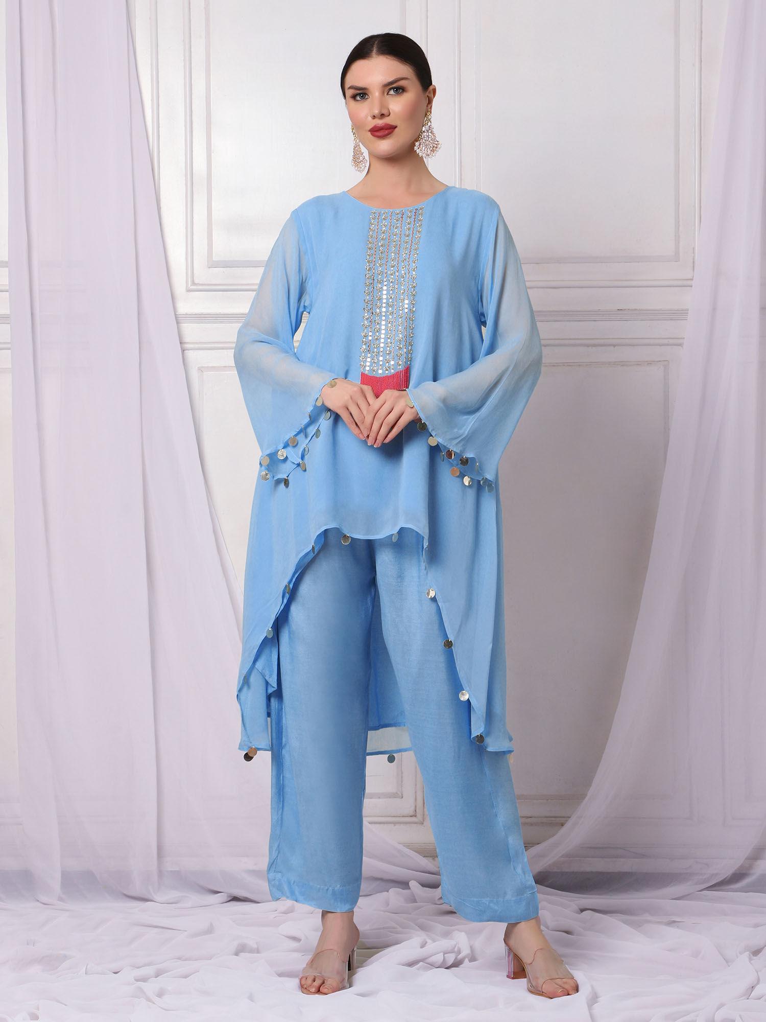 mansi blue embellished tunic with pant (set of 2)