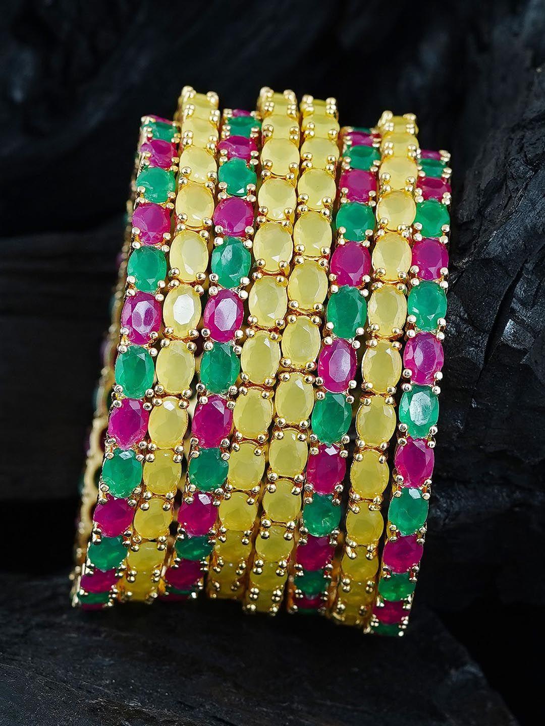 mansiyaorange set of 8 gold-plated american diamond studded bangles