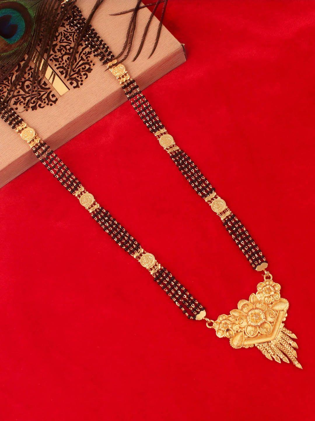 mansiyaorange gold-plated ethnic motif enameled detail beaded mangalsutra