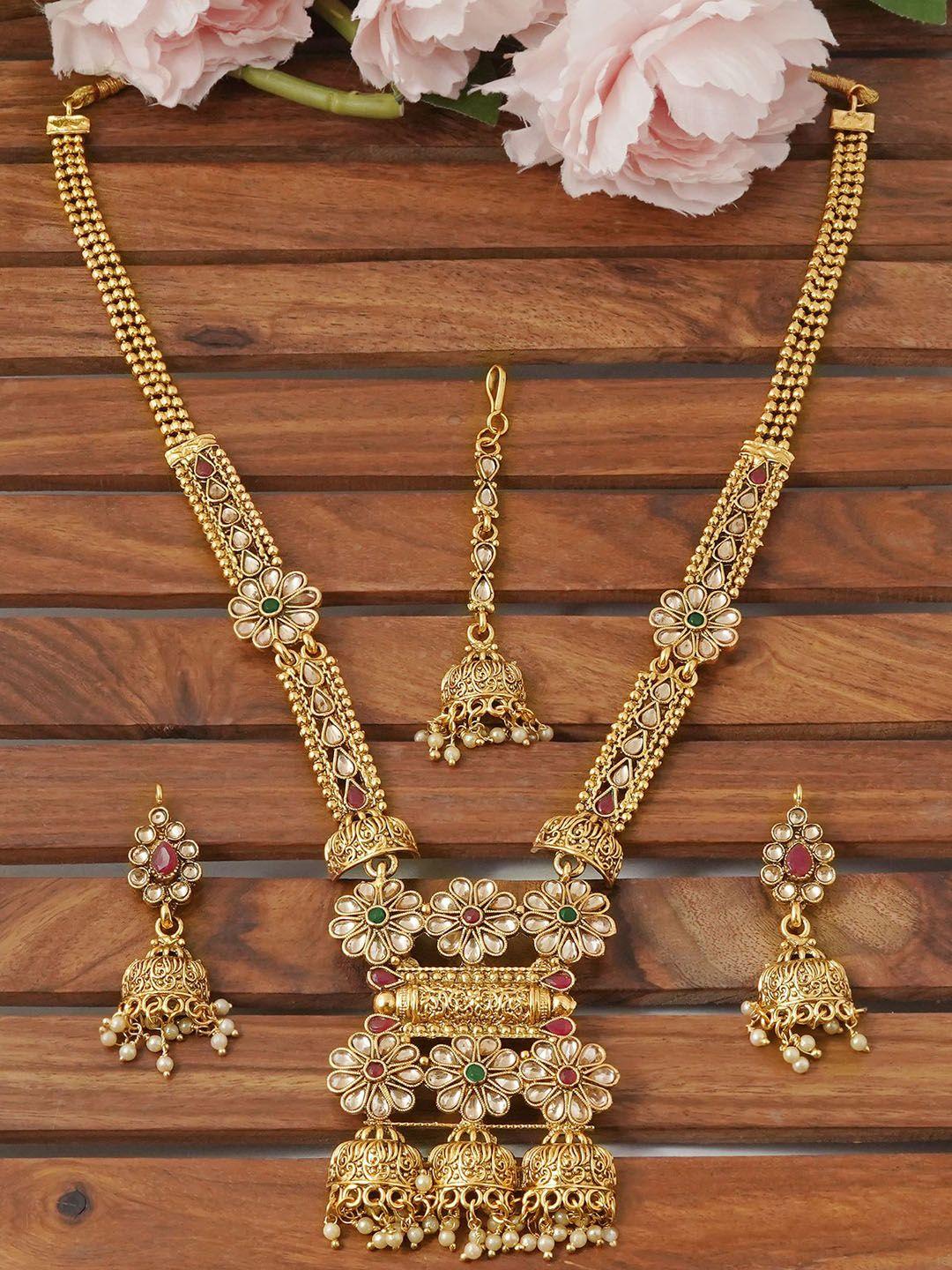 mansiyaorange gold-plated kundan-studded & beaded jewellery set