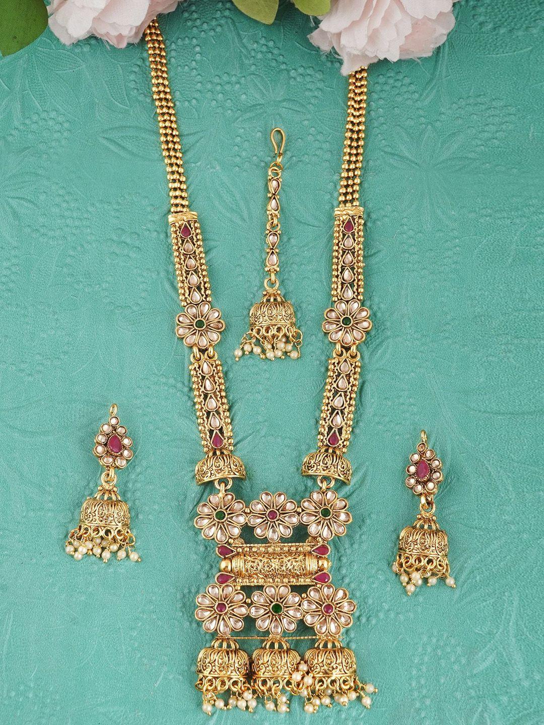 mansiyaorange gold-plated kundan-studded & beaded jewellery set