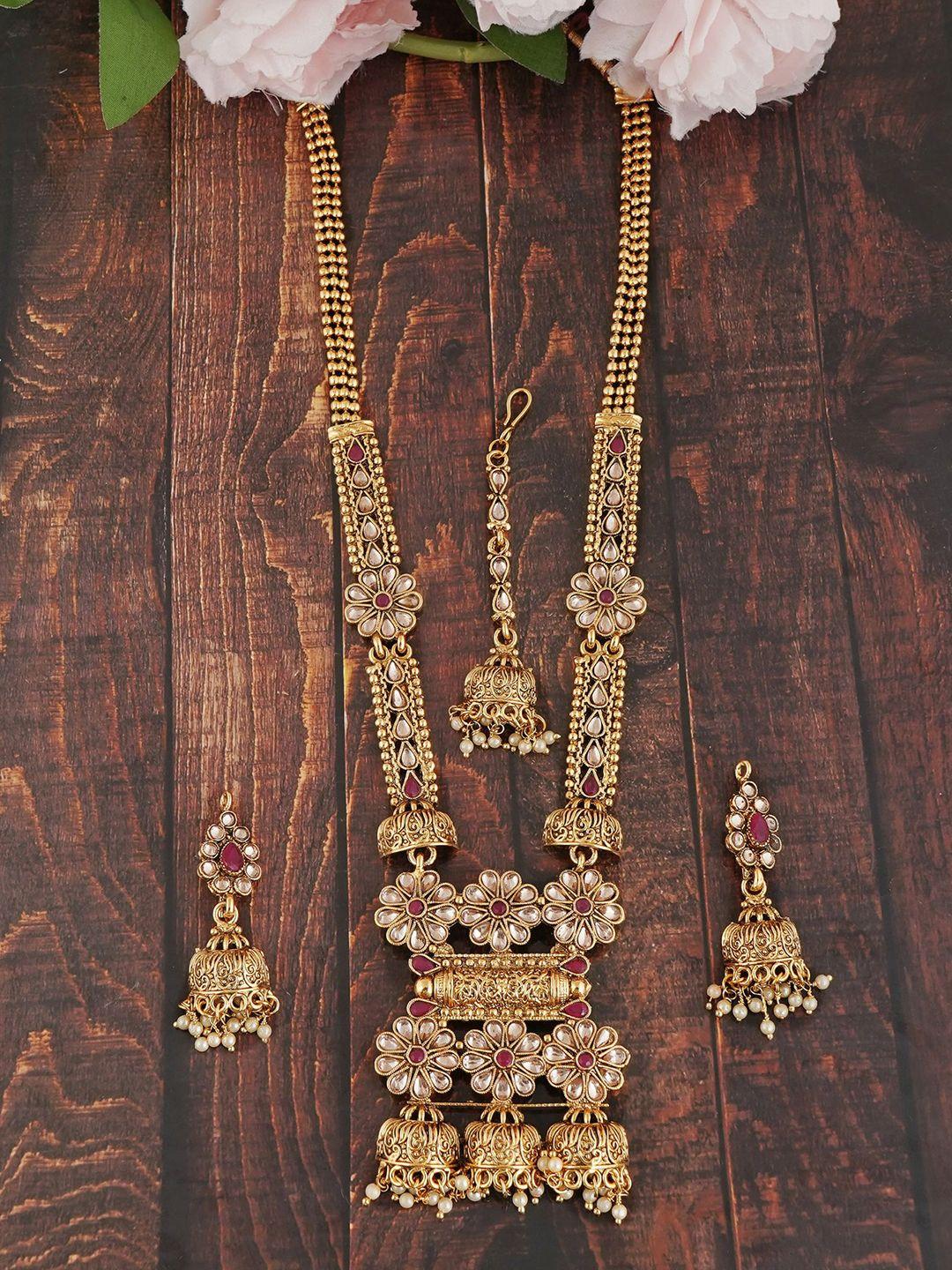 mansiyaorange gold-plated kundan-studded & beaded jewellery set