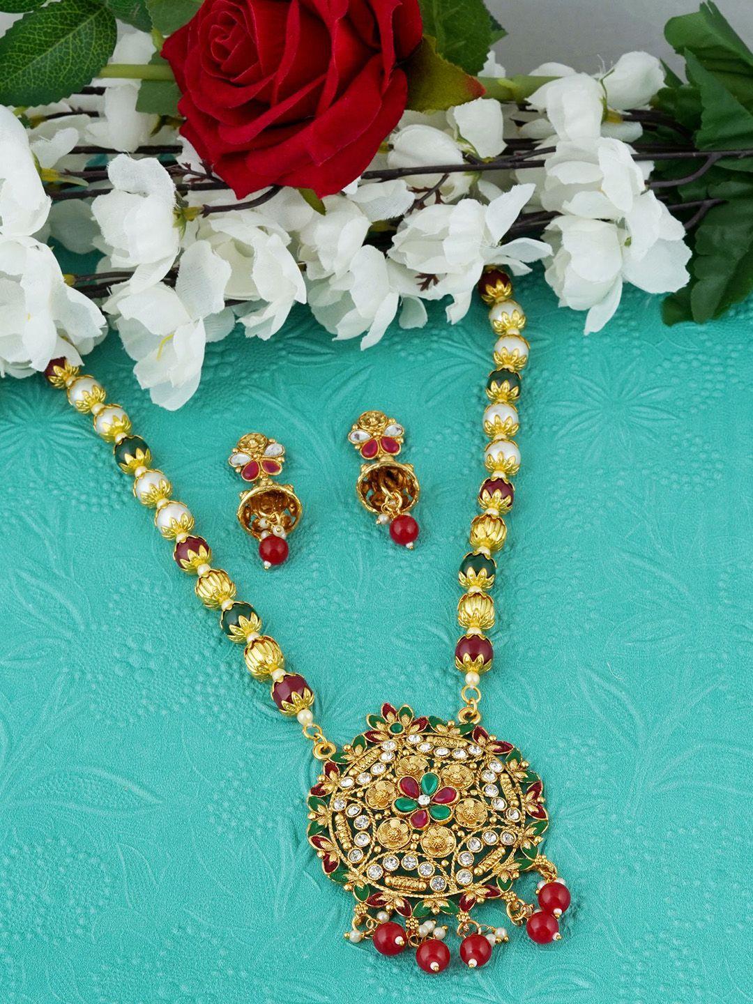 mansiyaorange gold-plated stones-studded & beaded jewellery set