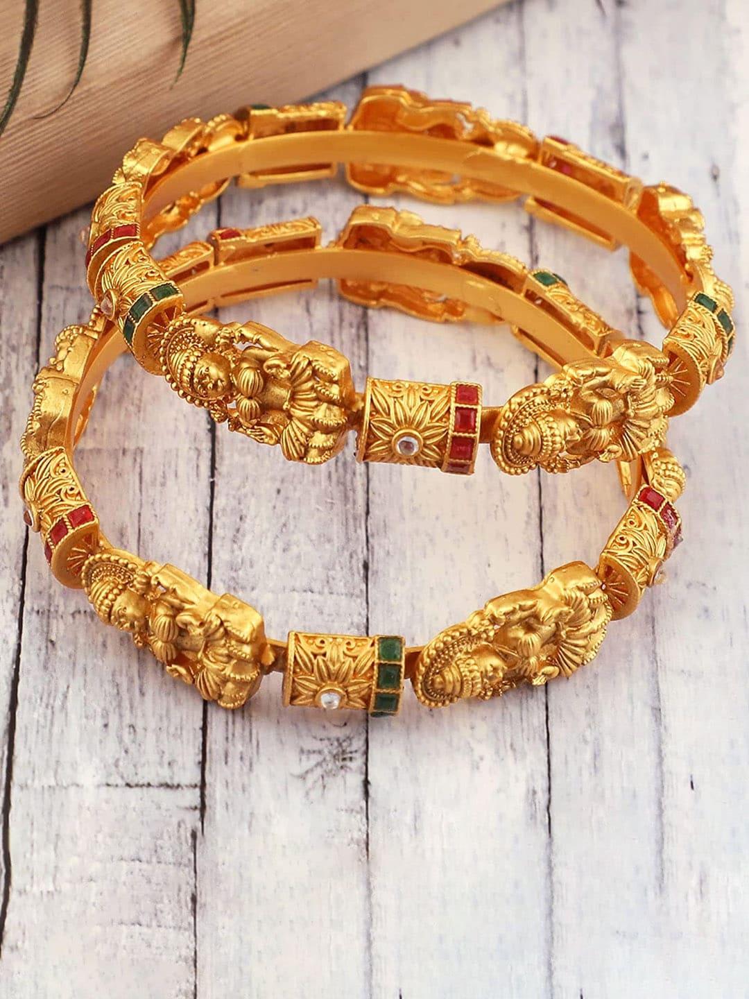 mansiyaorange set of 2 gold-plated stone-studded lakshmi motif temple theme bangles