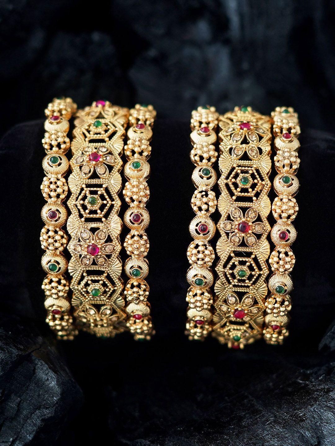 mansiyaorange set of 6 gold-plated stone-studded bangles