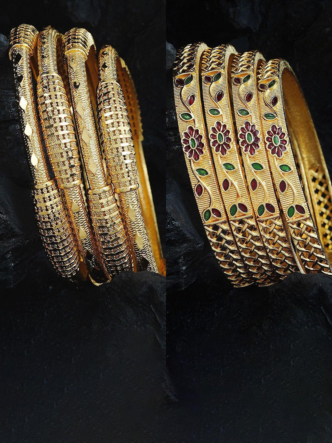 mansiyaorange set of 8 gold-plated kundan studded bangles
