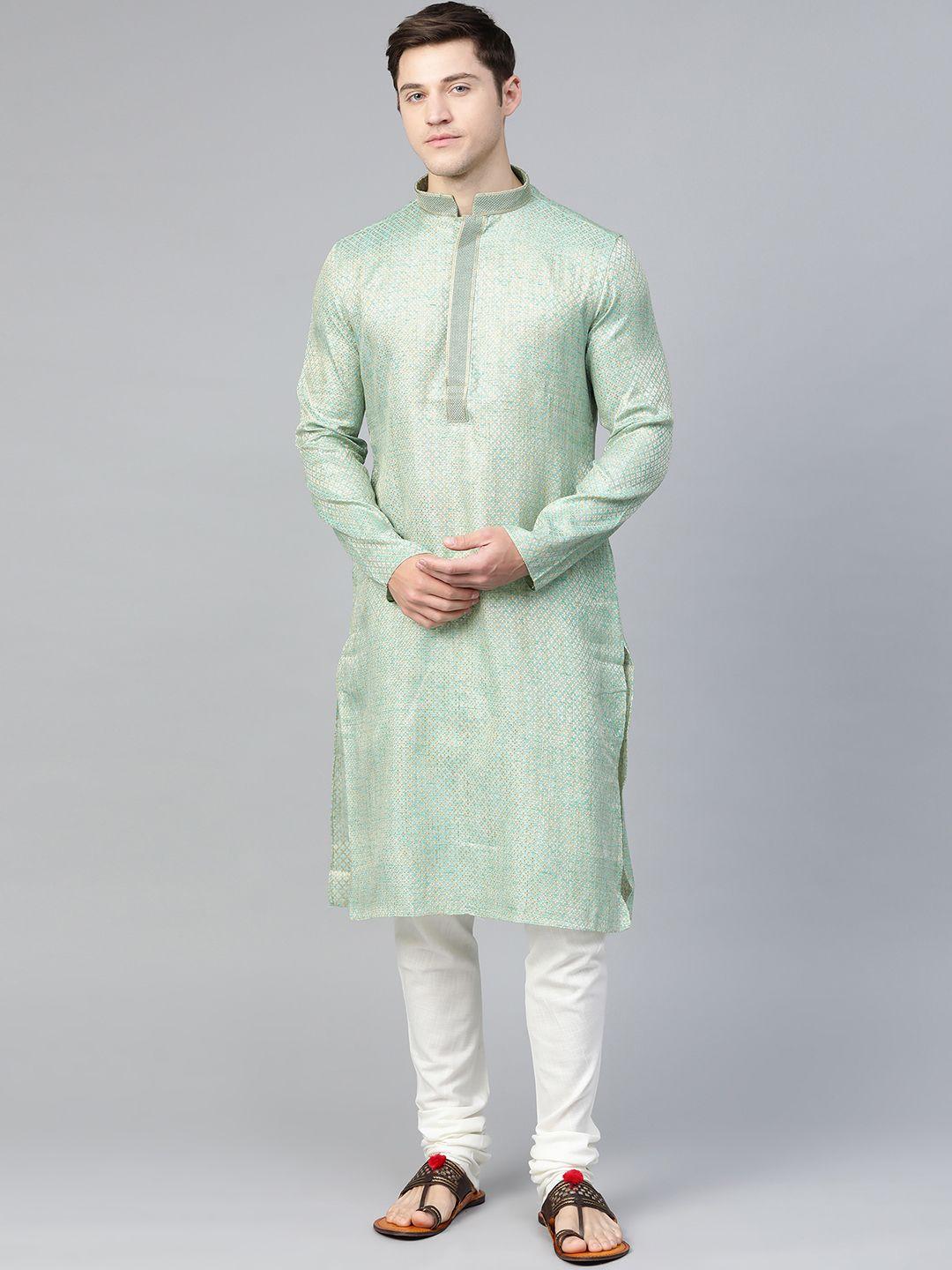 manthan men green & golden woven design straight kurta