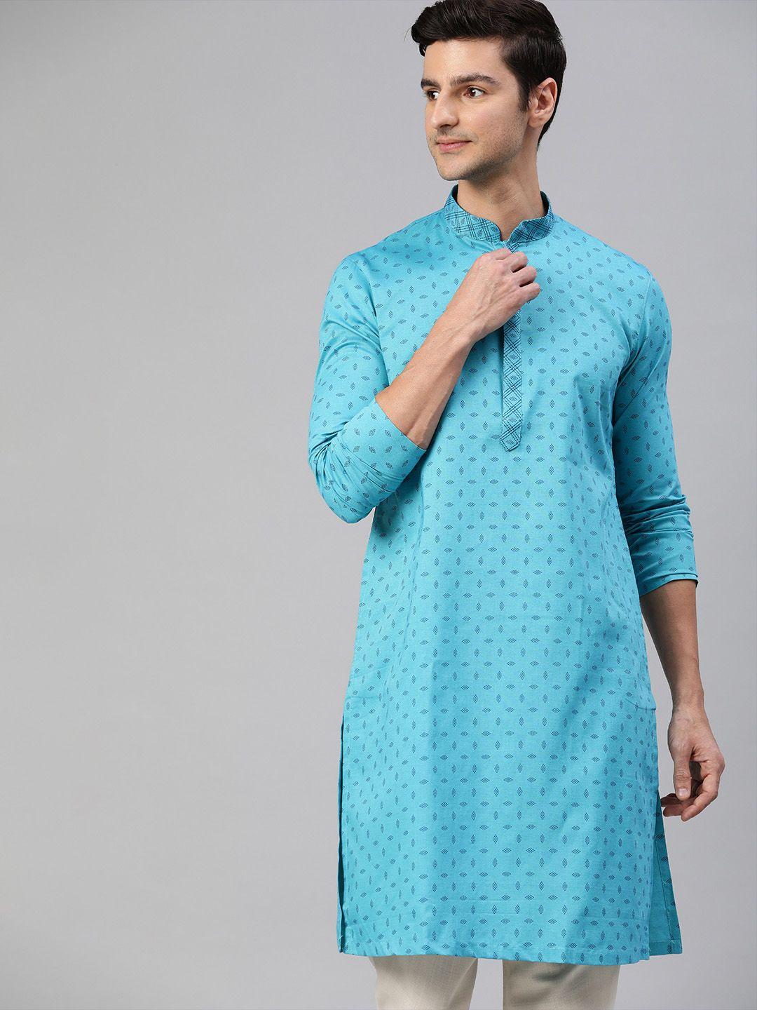 manthan men turquoise blue geometric printed kurta