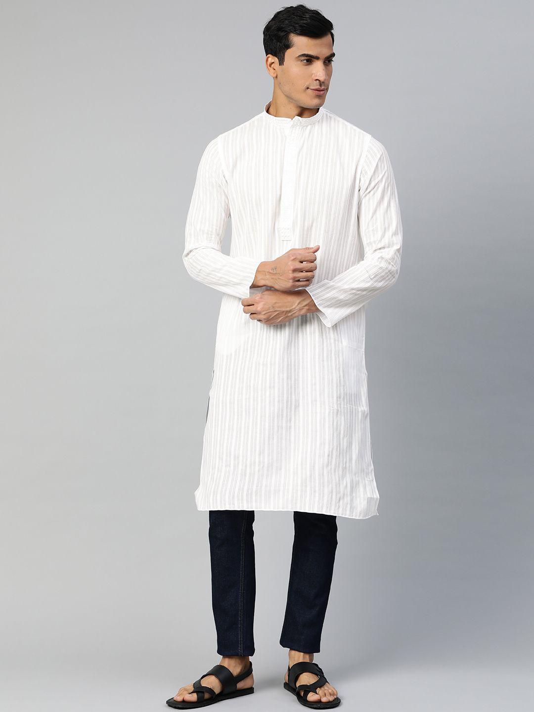 manthan men white striped straight kurta with thread work detail