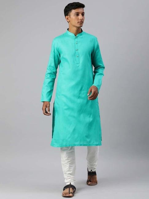 manthan aqua & white regular fit self design kurta & churidar set