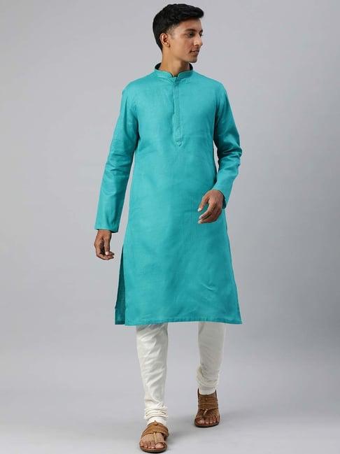 manthan aqua & white regular fit self design kurta & churidar set