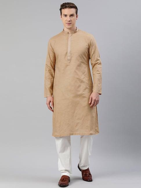 manthan beige & white regular fit kurta & pyjamas set