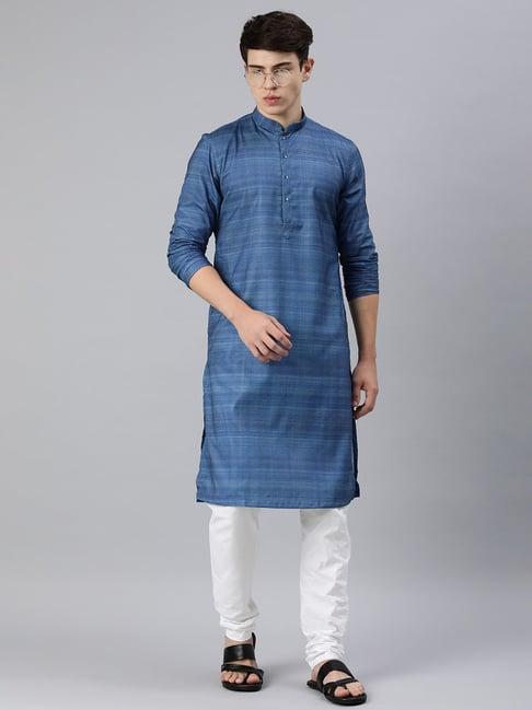 manthan blue & white regular fit self design kurta & churidar set