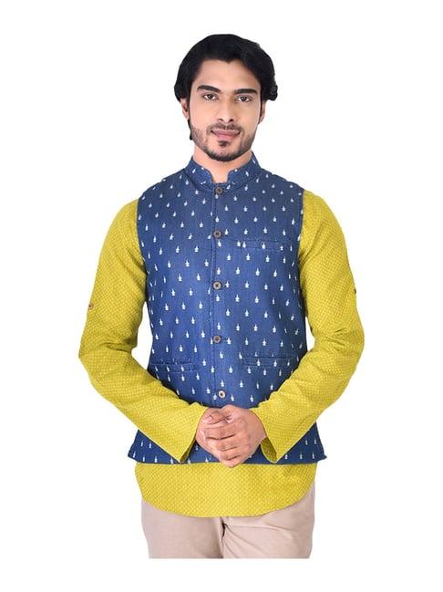 manthan blue cotton regular fit self pattern nehru jacket