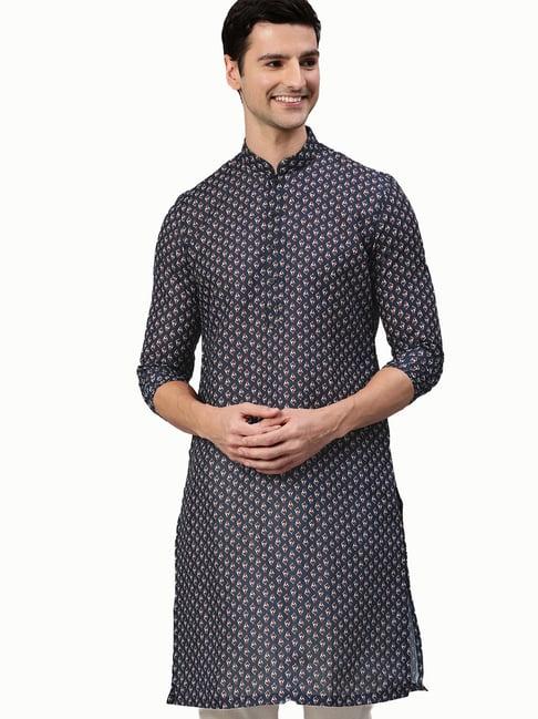 manthan indigo blue mandarin collar printed kurta