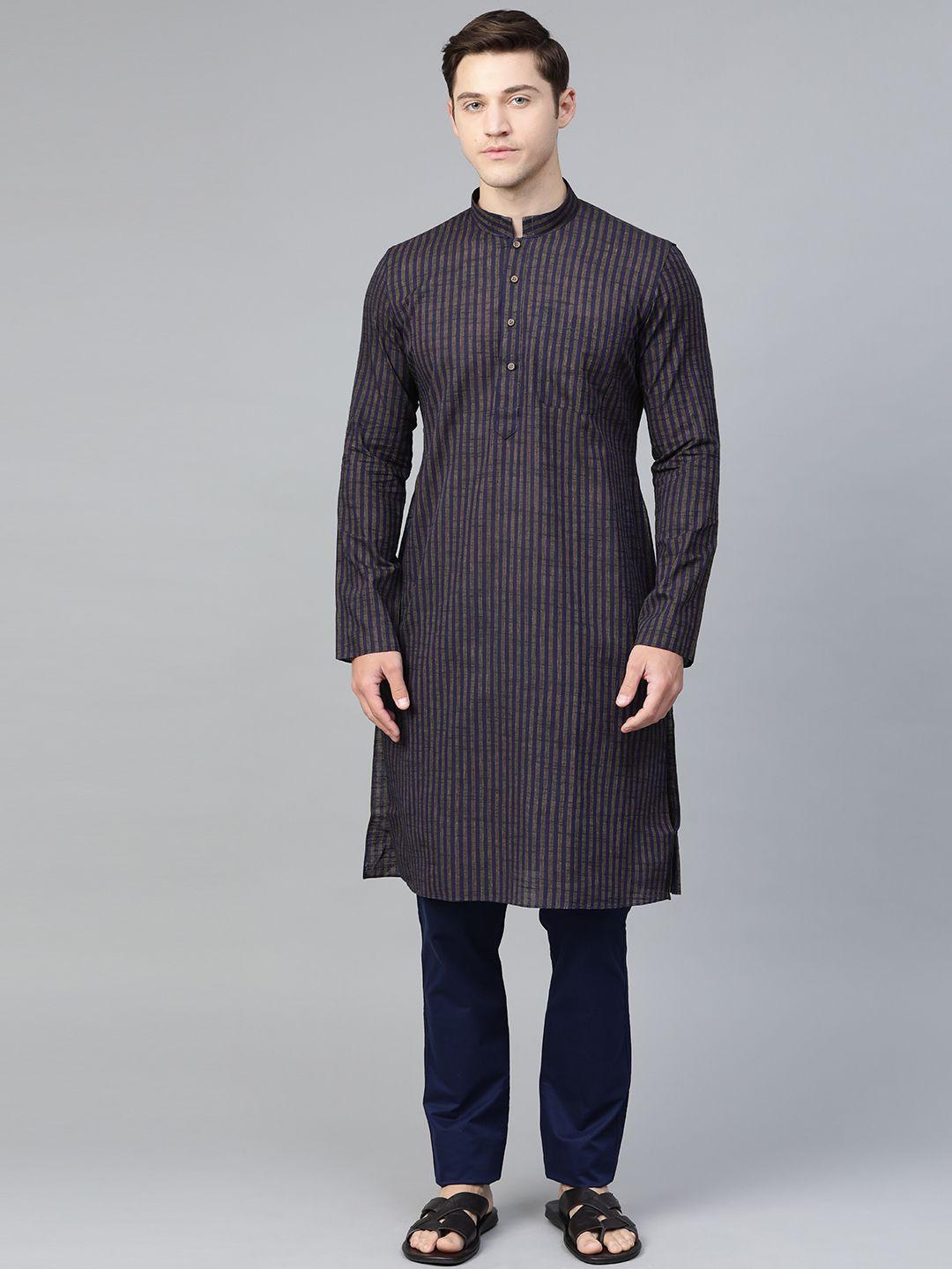 manthan men blue & black striped straight kurta