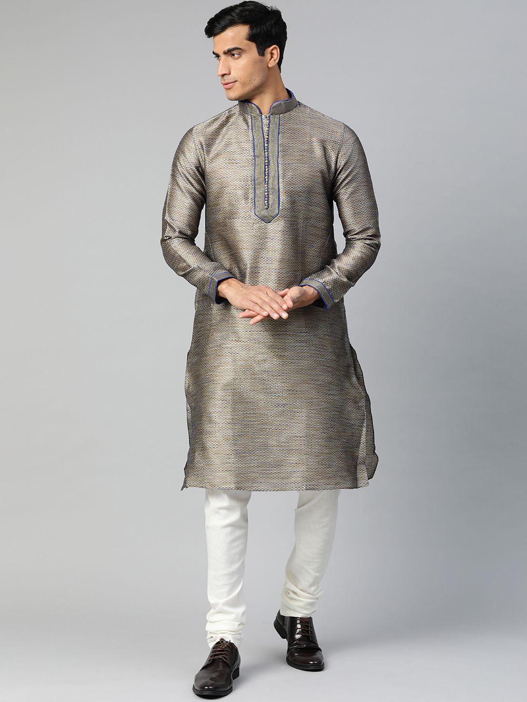 manthan men golden & blue woven design straight kurta