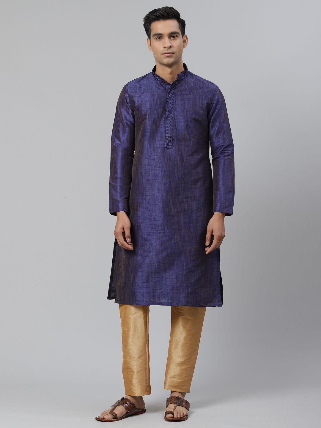 manthan men navy blue solid straight kurta