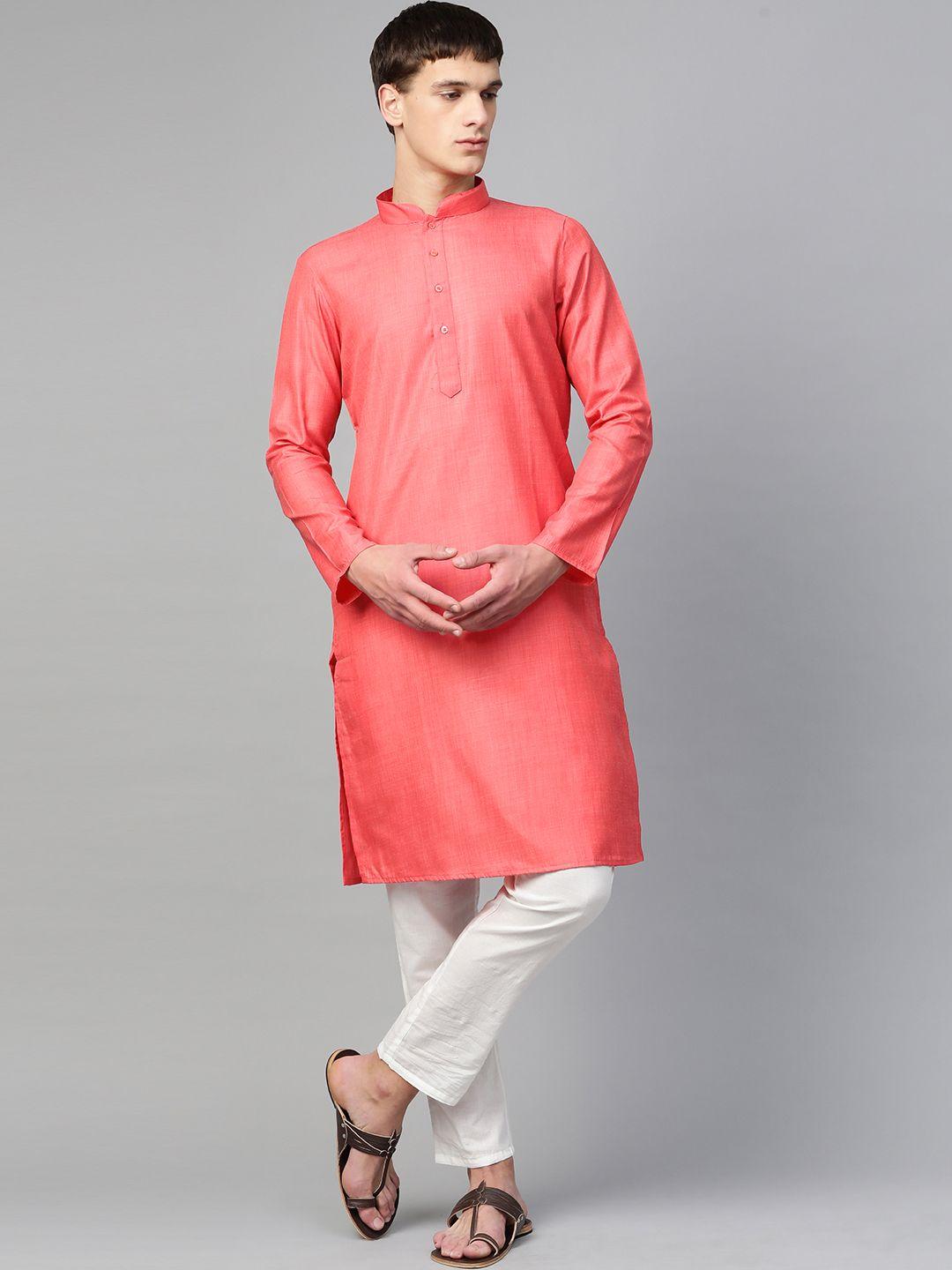 manthan men pink solid mandarin collar kurta