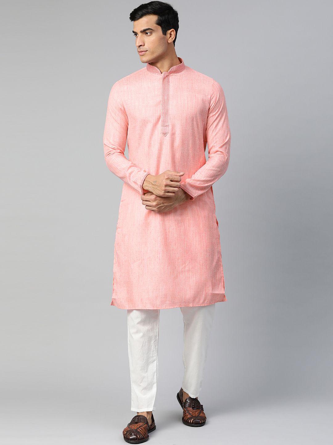 manthan men pink woven design straight kurta with thread work detail