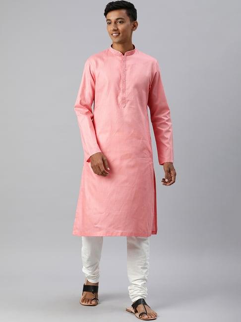 manthan peach & white regular fit self design kurta & churidar set