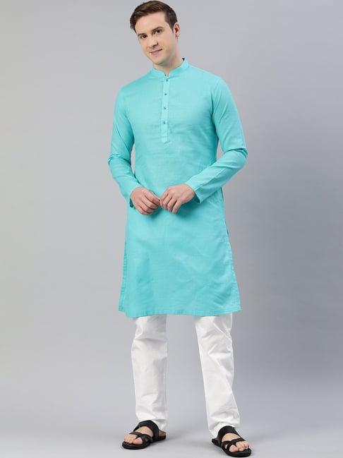 manthan turquoise & white regular fit self design kurta & pyjamas set