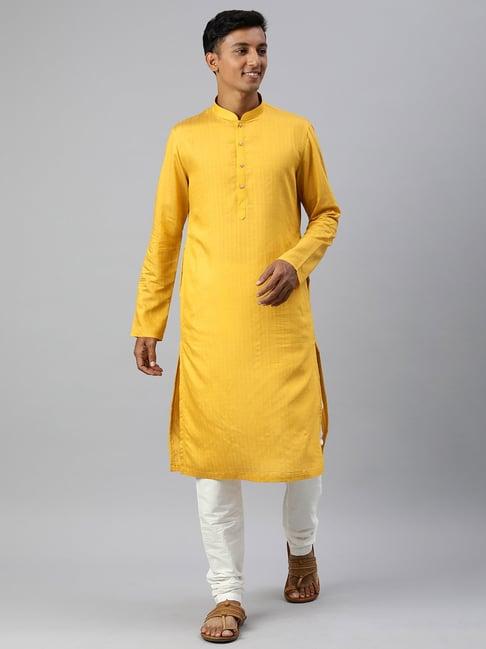 manthan yellow & white regular fit self design kurta & churidar set
