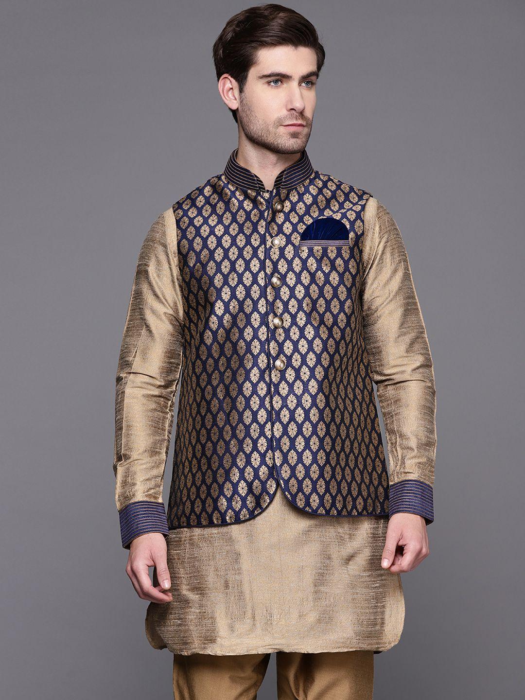 manu men navy blue & golden ethnic motifs woven design kurta with churidar & nehru jacket