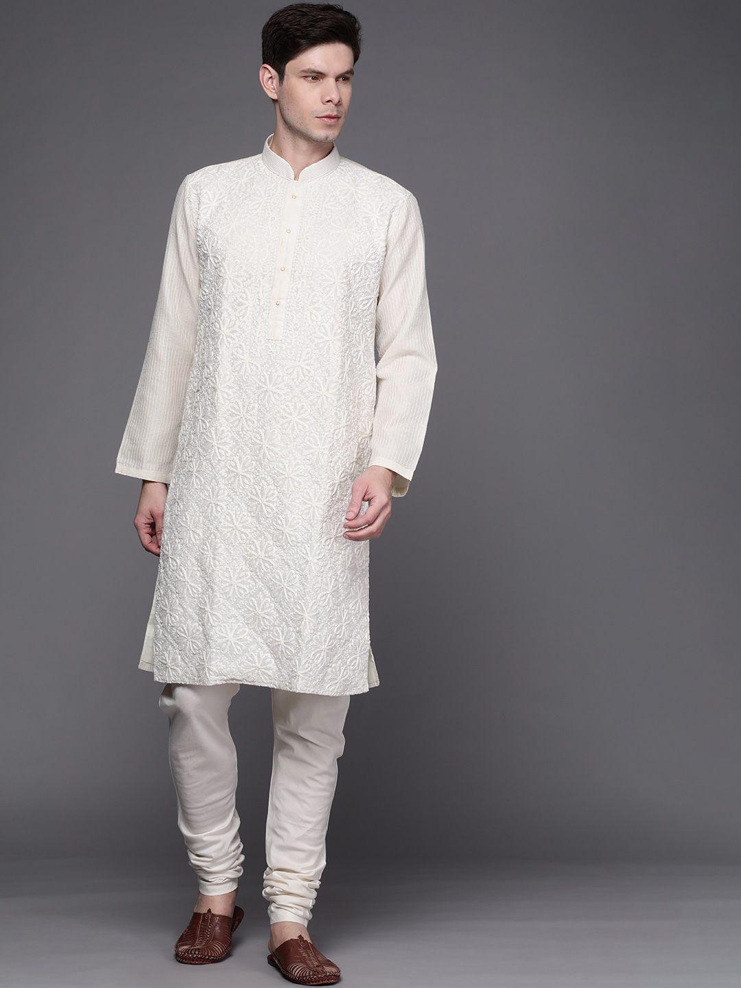 manu men white ethnic motifs regular kurta with churidar