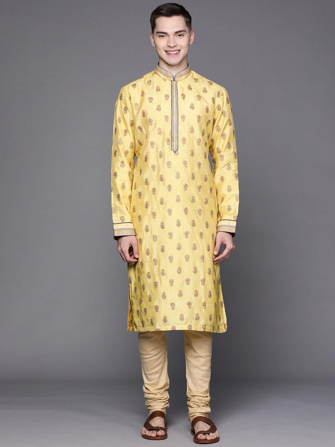 manu men yellow ethnic motifs embroidered thread work kurta with churidar