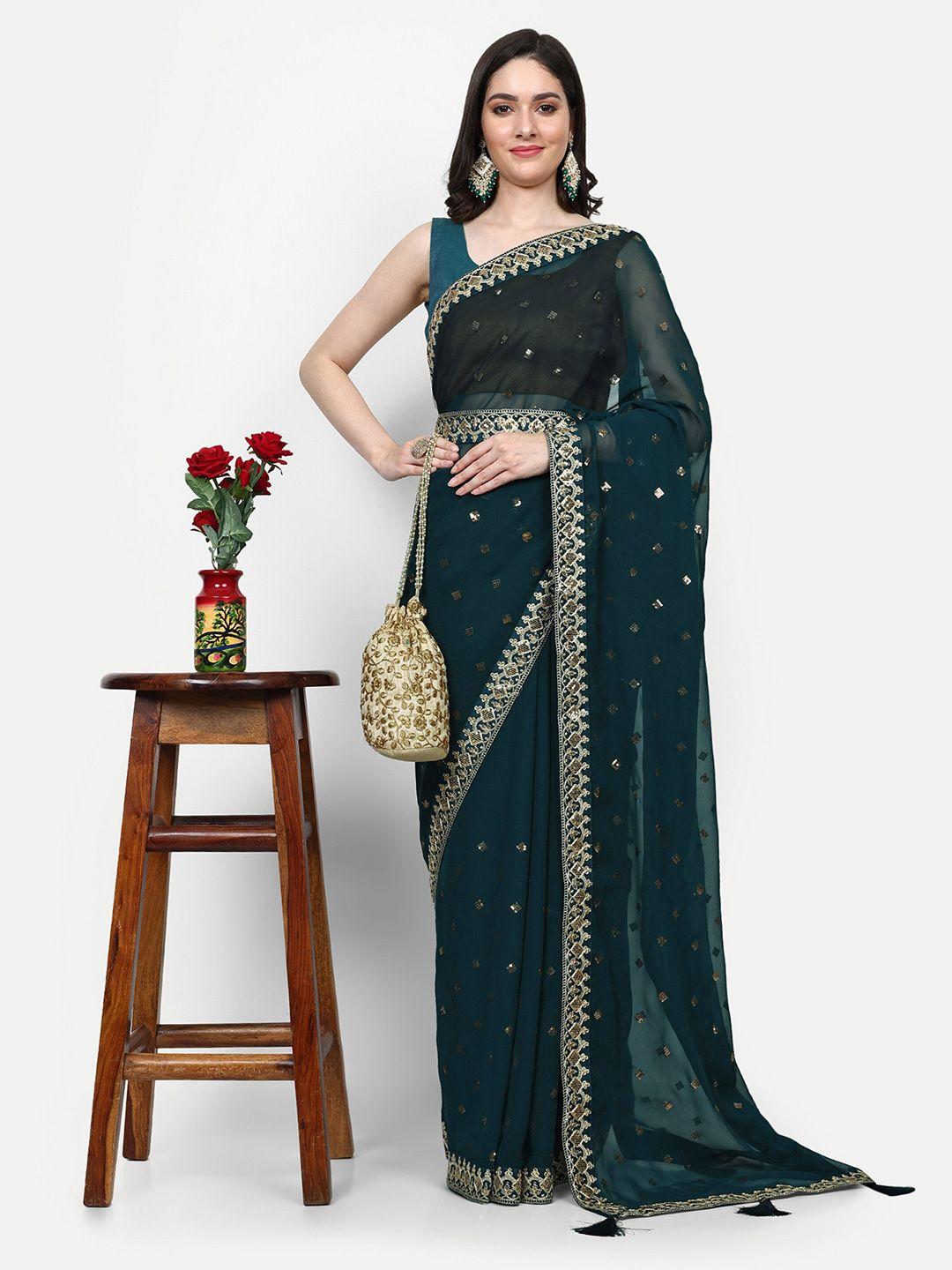 manu designer embellished embroidered pure georgette belted saree