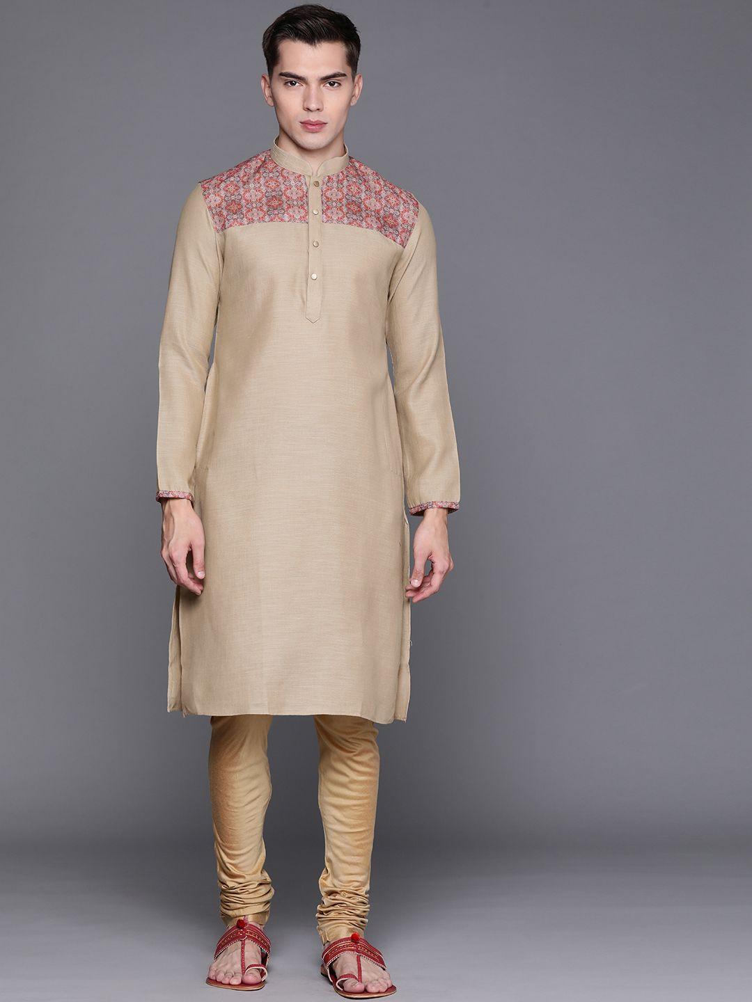 manu men beige & golden ethnic motifs yoke design regular kurta with churidar