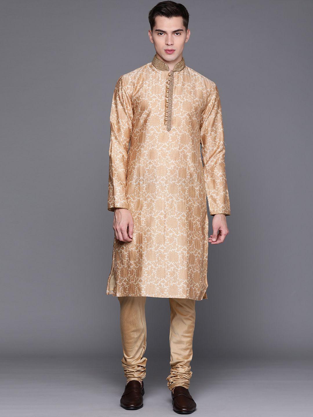 manu men beige & golden floral printed regular kurta with churidar